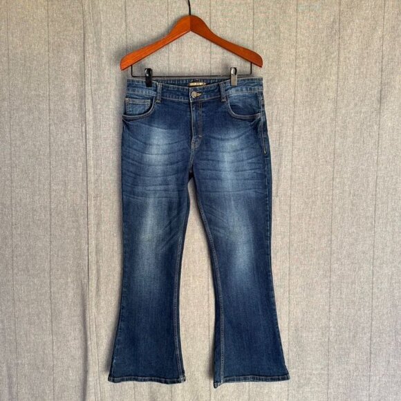 Run & Fly Stone Wash Blue Distress Stretch Denim Rock N Roll Bell Bottom Flares - Picture 1 of 11